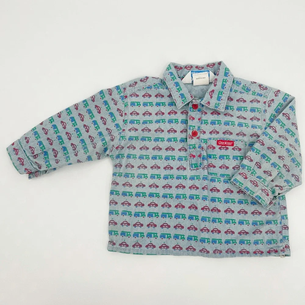 OshKosh B'Gosh Boys Vintage Made In USA 80s Car Print Long Sleeve Shirt Size 18M